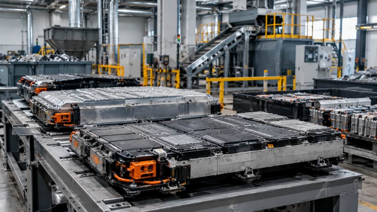 Baterias de veículos elétricos sobre bancadas em uma linha industrial de desmontagem e reciclagem