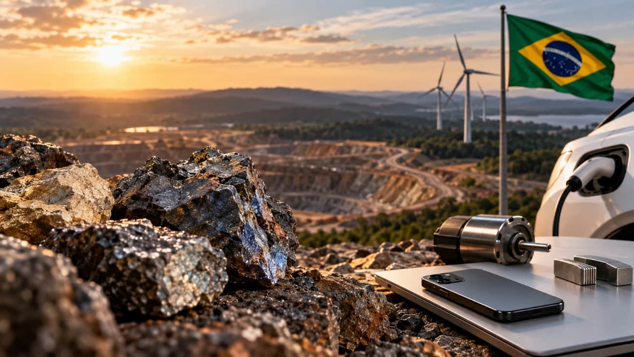 Rochas de minério de terras raras em primeiro plano, com mina a céu aberto, turbinas eólicas e bandeira do Brasil ao fundo, ao lado de um carro elétrico e componentes eletrônicos
