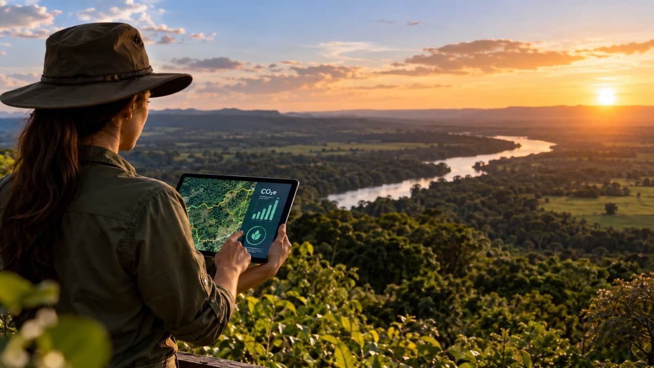 Engenheira ambiental de chapéu observa uma floresta e um rio ao pôr do sol enquanto segura um tablet com mapa da área e gráfico de CO2 equivalente