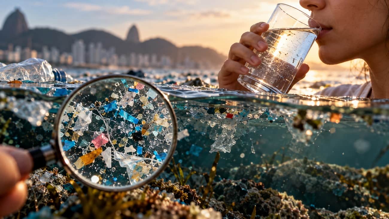 Lupa ampliando fragmentos coloridos de plástico na água do mar, com uma pessoa bebendo um copo de água ao fundo e a orla do Rio de Janeiro ao pôr do sol