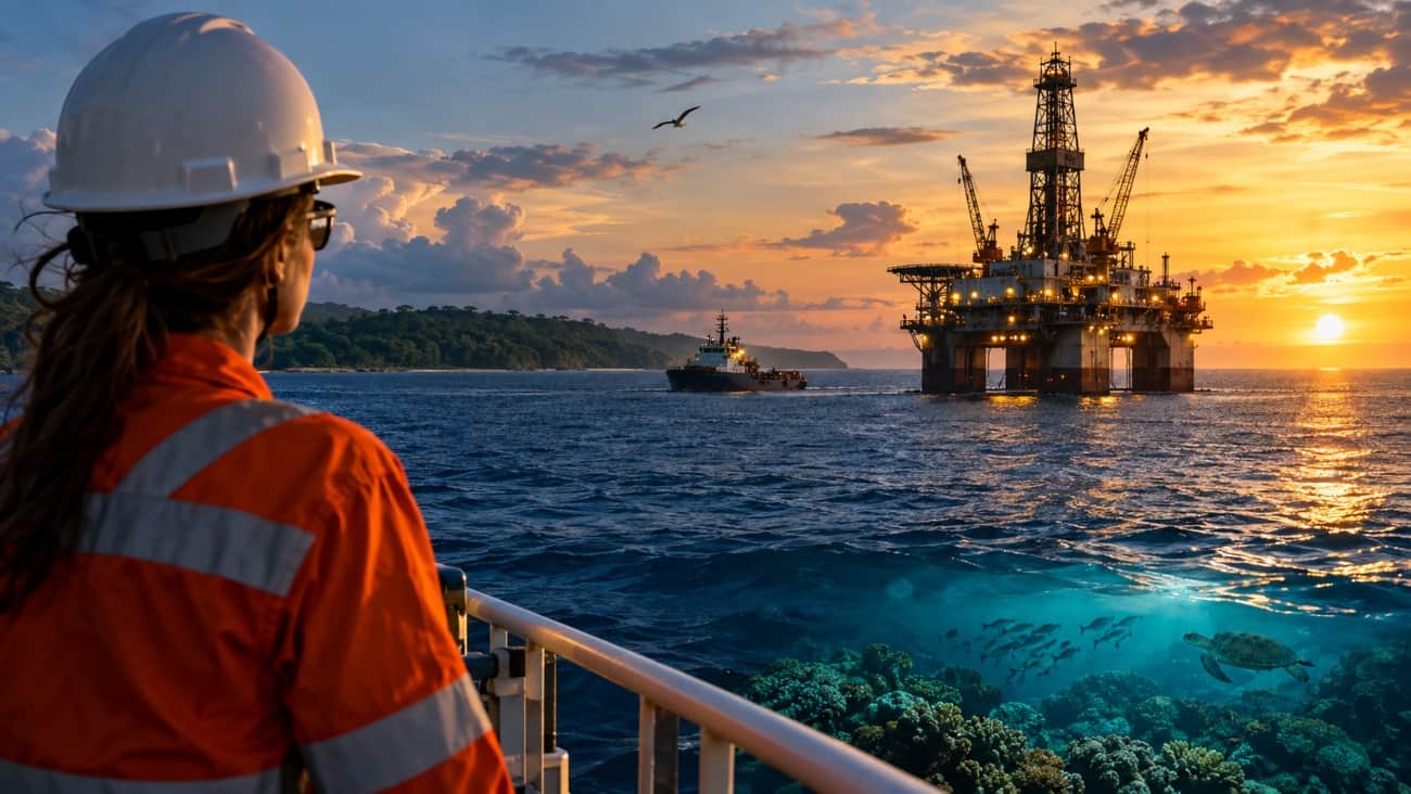 Engenheira ambiental de capacete e colete laranja observa uma plataforma de petróleo no mar ao pôr do sol, com recifes de coral e uma tartaruga marinha sob a água